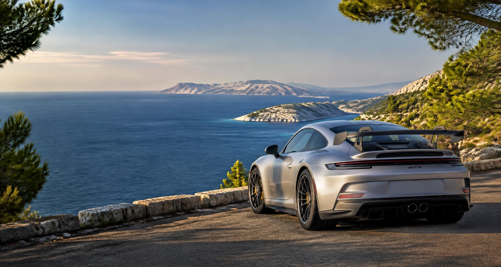 Srebrni Porsche 911 na cesti iznad Jadranskog mora